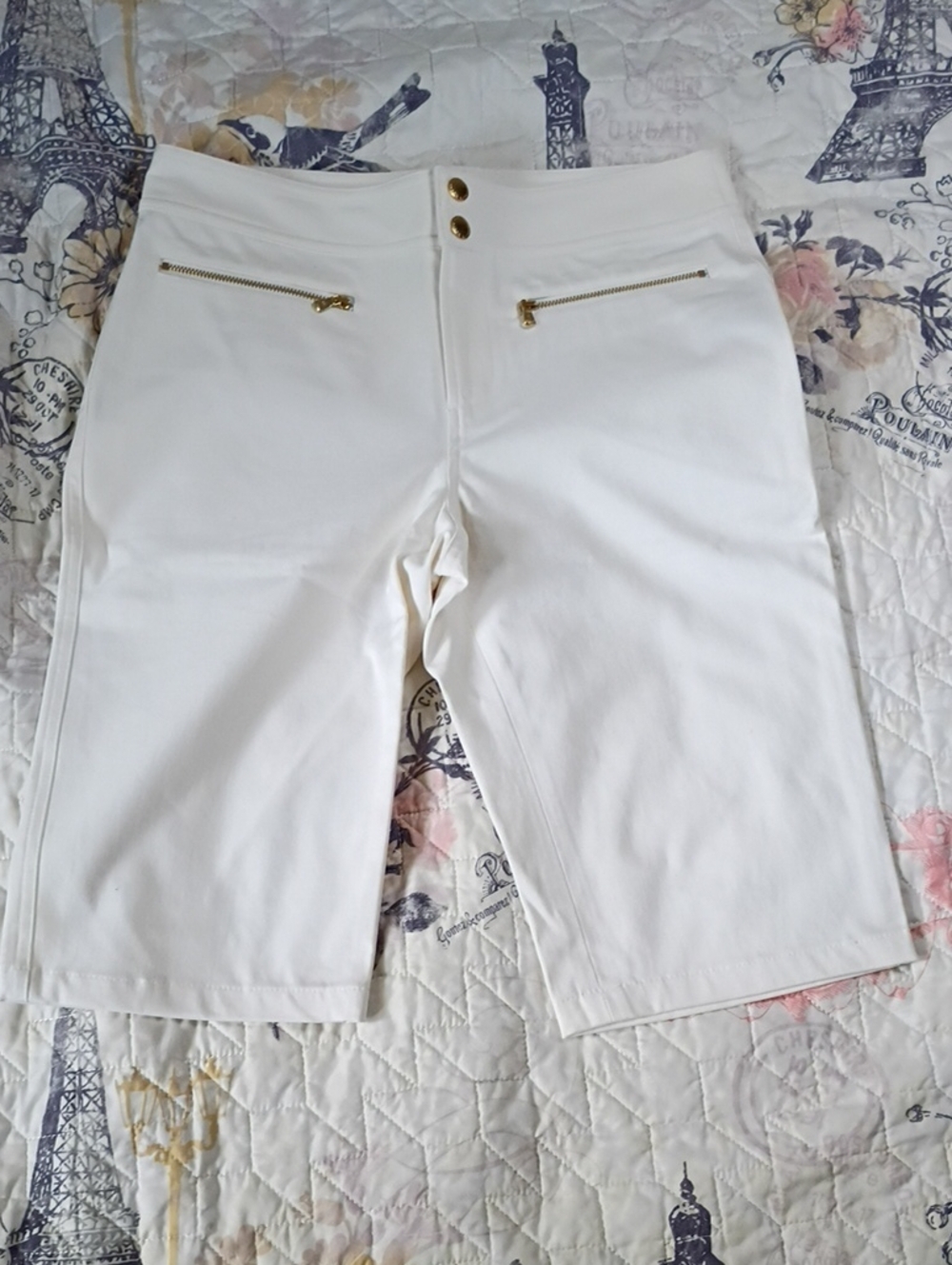 Ralph Lauren White Mid-Length Bermuda Shorts with Gold Zipper Accents